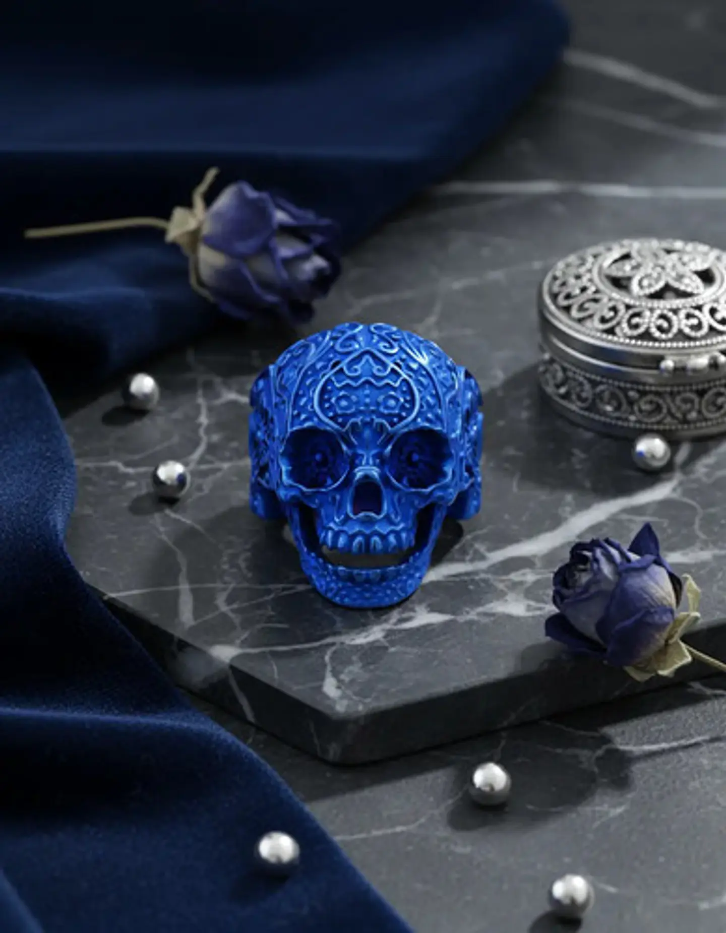 Anillo Hombre Forma De Cráneo Calavera Gótico Azul De Acero 4
