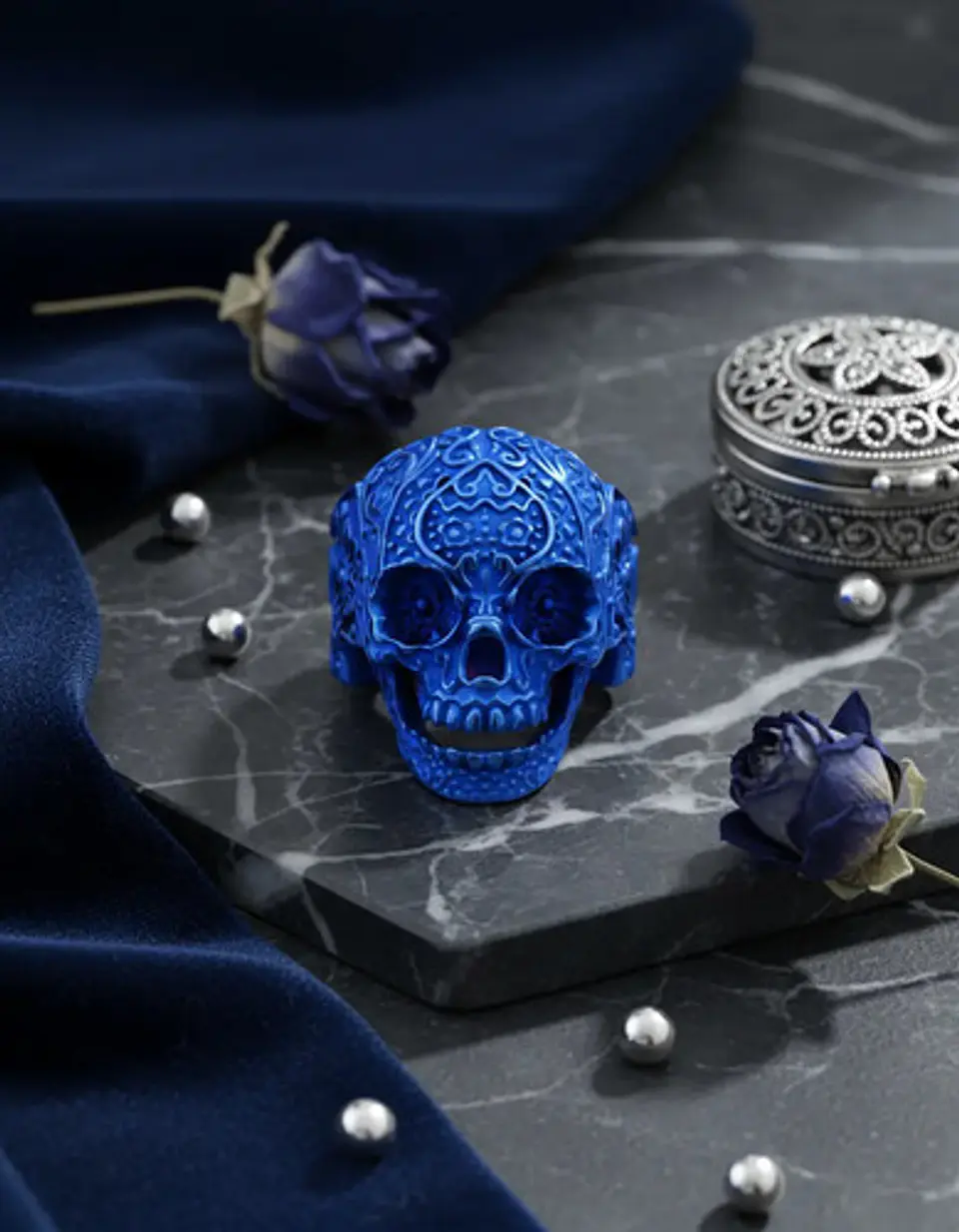 Anillo Hombre Forma De Cráneo Calavera Gótico Azul De Acero 4