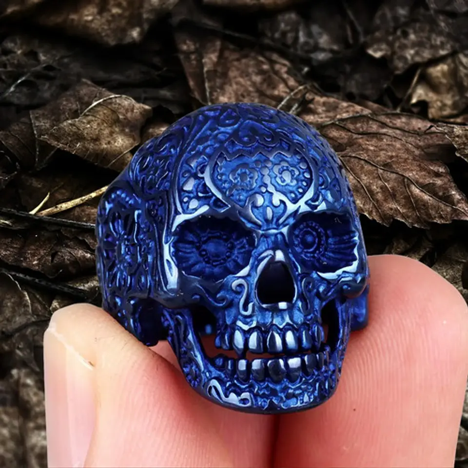 Anillo Hombre Forma De Cráneo Calavera Gótico Azul De Acero 8