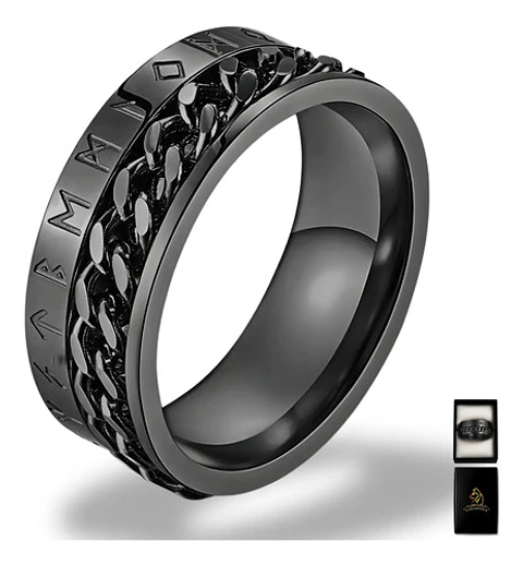 Anillo Cadena Runas Vikingo Plateado Acero Inoxidable Hombre