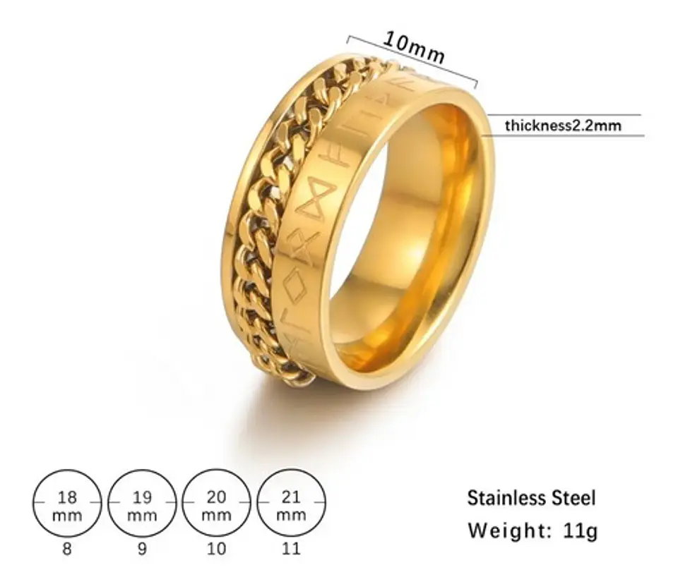 Anillo Cadena Runas Vikingo Plateado Acero Inoxidable Hombre 10
