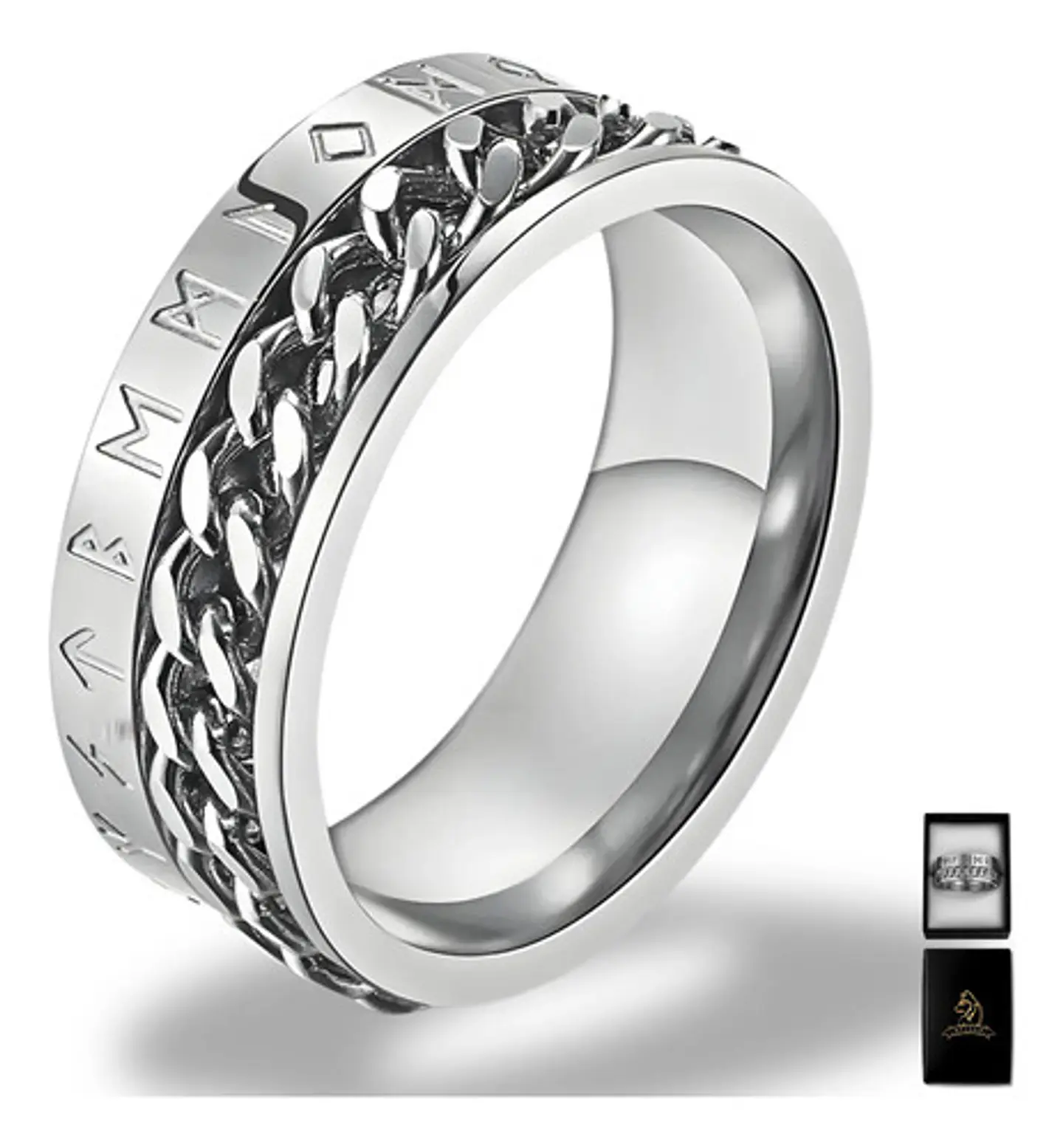 Anillo Cadena Runas Vikingo Plateado Acero Inoxidable Hombre 18