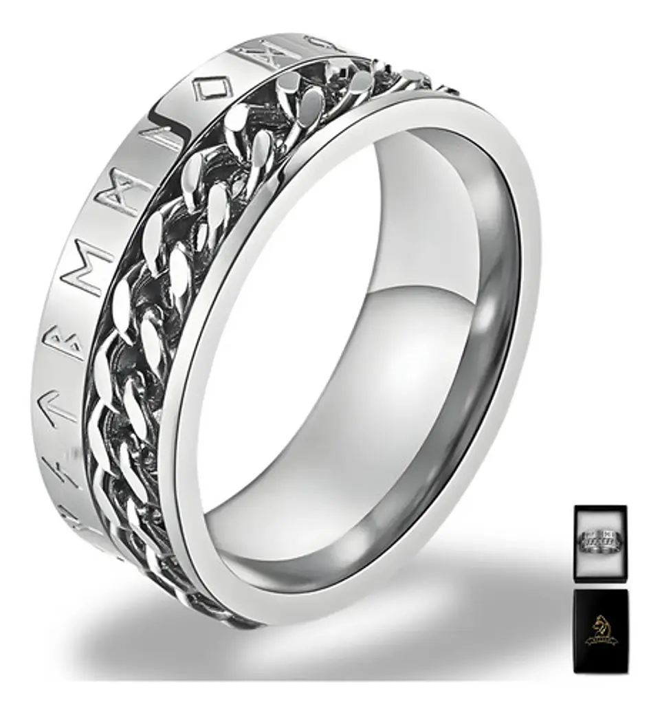 Anillo Cadena Runas Vikingo Plateado Acero Inoxidable Hombre 18