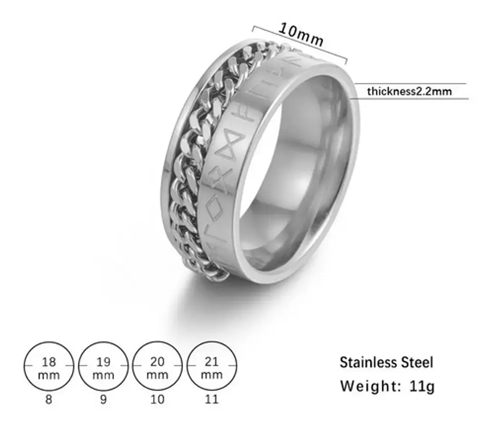Anillo Cadena Runas Vikingo Plateado Acero Inoxidable Hombre 19