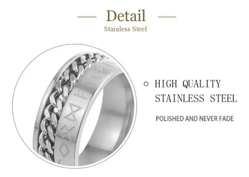 Anillo Cadena Runas Vikingo Plateado Acero Inoxidable Hombre 20