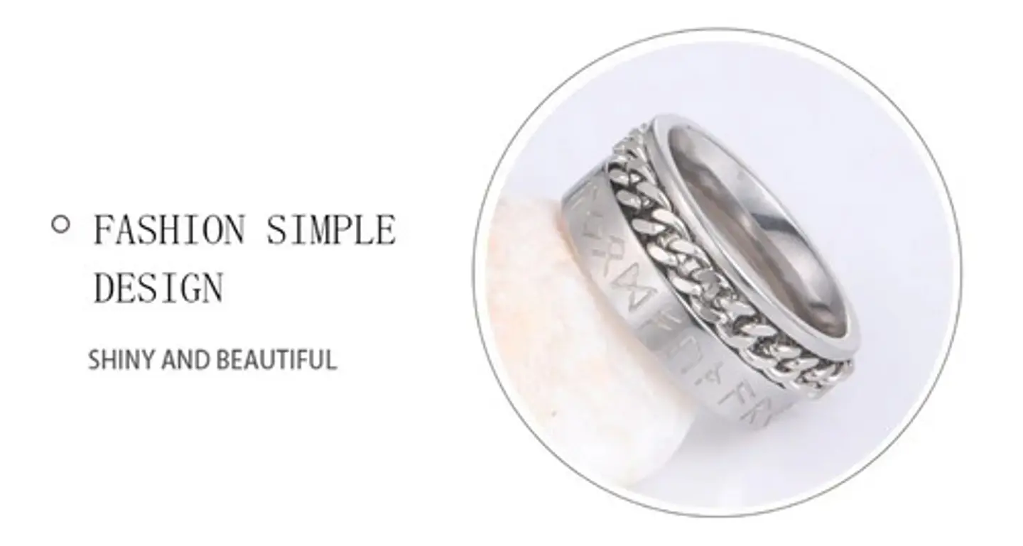 Anillo Cadena Runas Vikingo Plateado Acero Inoxidable Hombre 21
