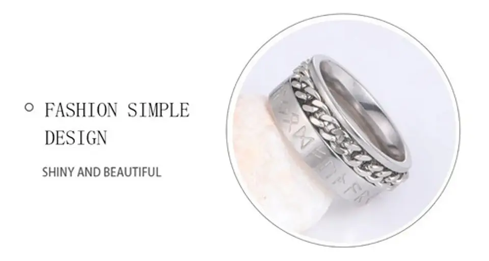 Anillo Cadena Runas Vikingo Plateado Acero Inoxidable Hombre 21