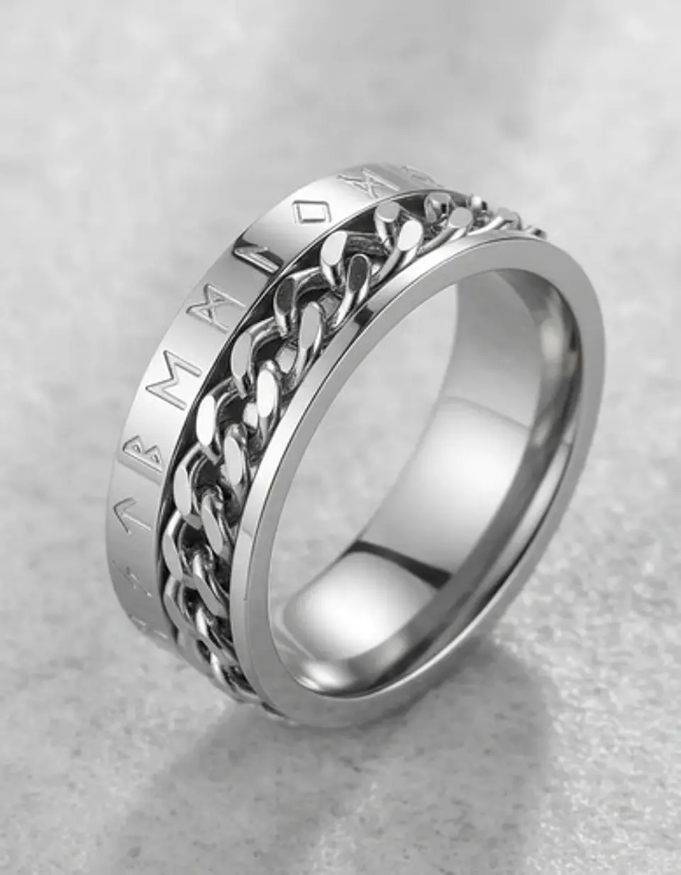 Anillo Cadena Runas Vikingo Plateado Acero Inoxidable Hombre 23