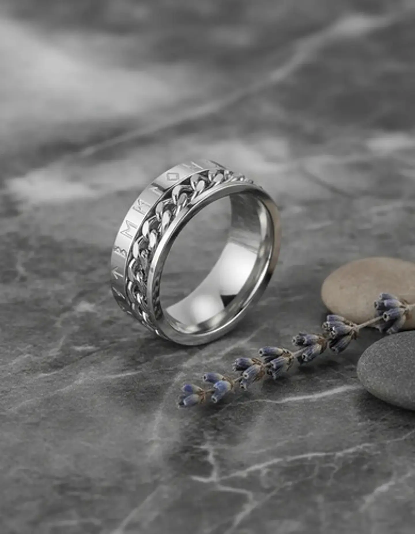 Anillo Cadena Runas Vikingo Plateado Acero Inoxidable Hombre 24