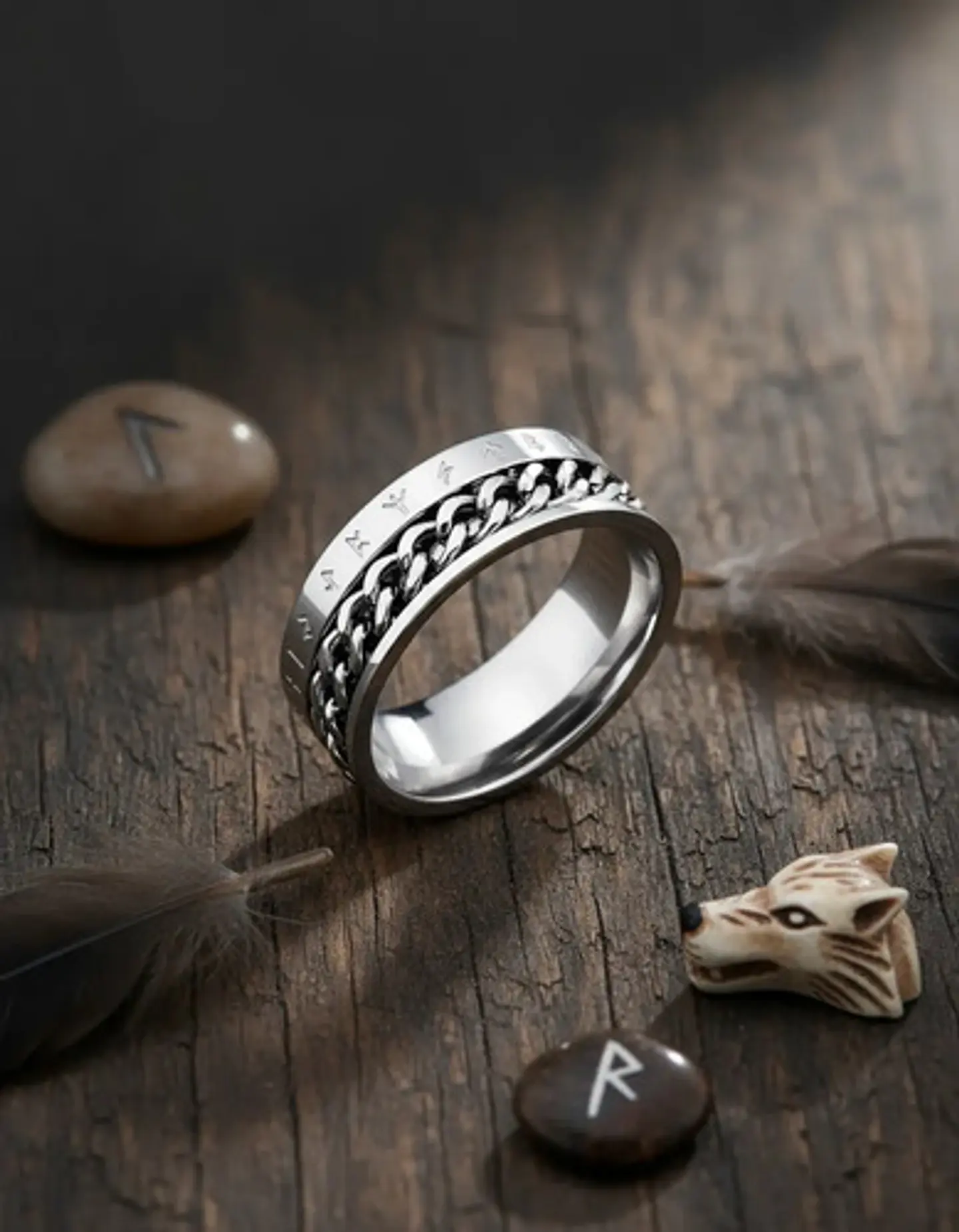 Anillo Cadena Runas Vikingo Plateado Acero Inoxidable Hombre 25
