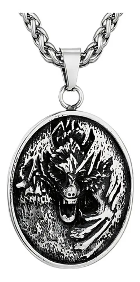 Collar Vikingo Lobo Runa Color Plata Acero Inoxidable Hombre