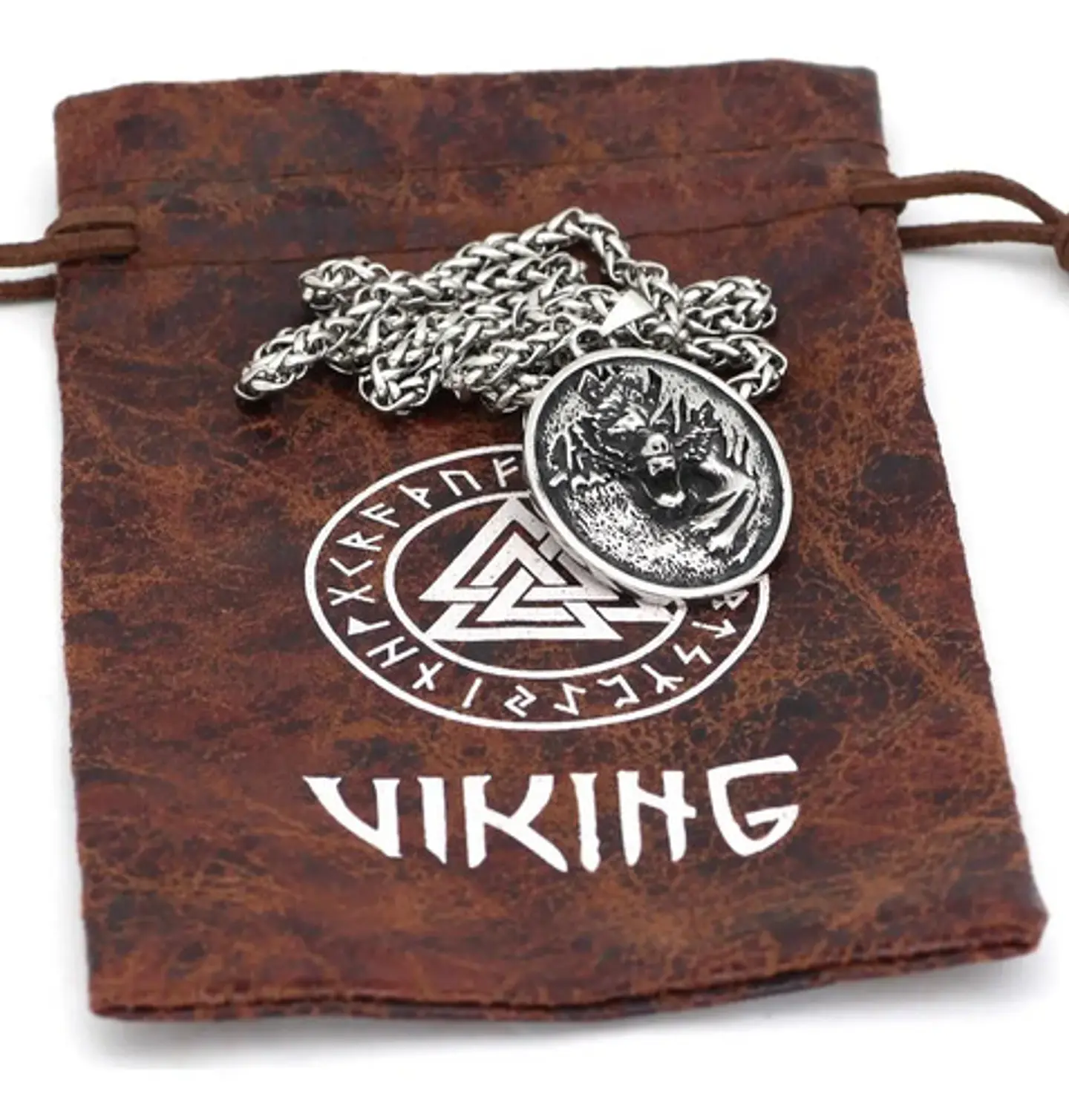 Collar Vikingo Lobo Runa Color Plata Acero Inoxidable Hombre 2