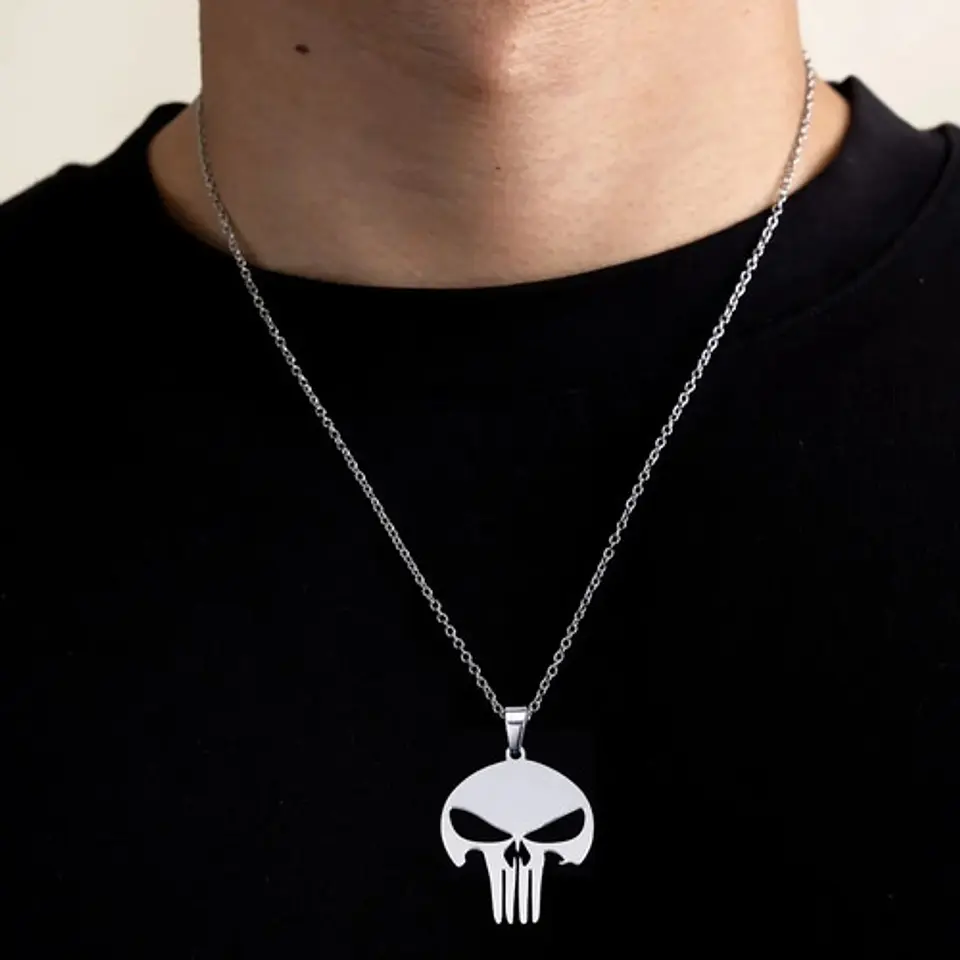 Collar The Punisher Color Plata Acero Inoxidable Para Hombre 3