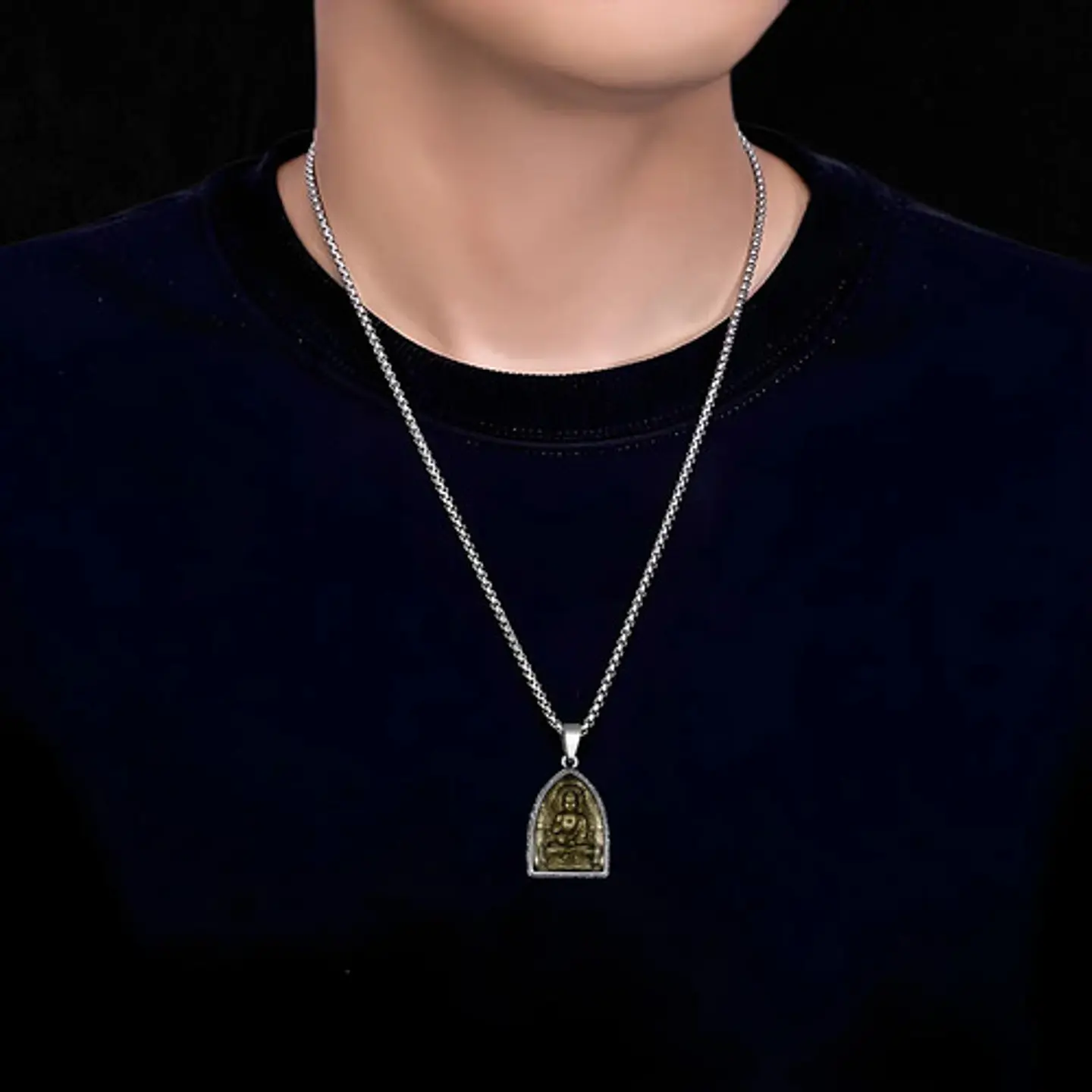 Collar Cúpula De Cristal Buda Suerte Acero Inoxidable Hombre 4