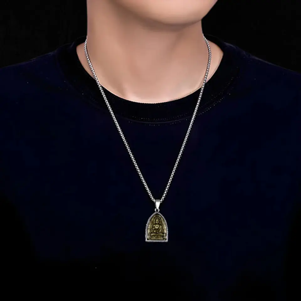 Collar Cúpula De Cristal Buda Suerte Acero Inoxidable Hombre 4