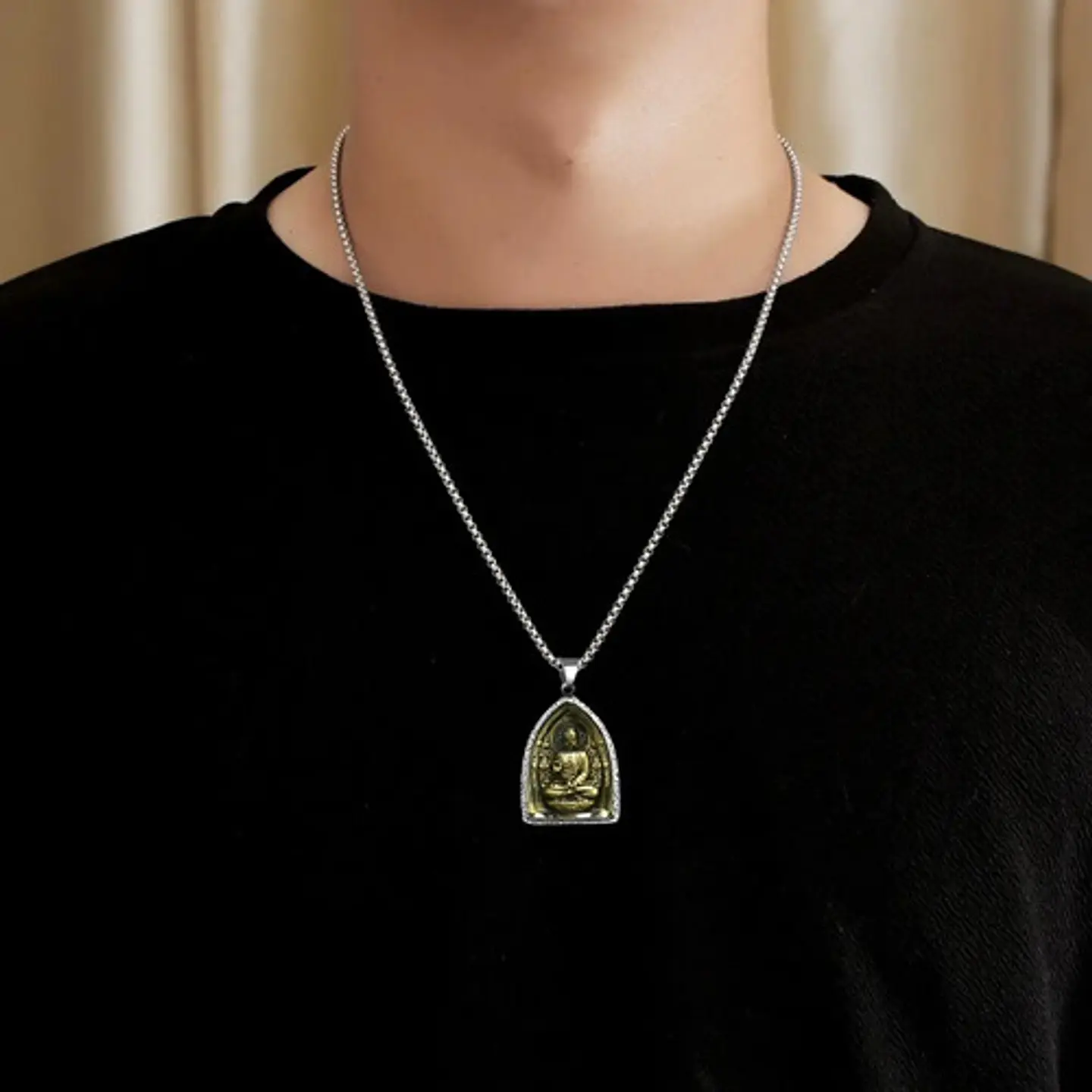 Collar Cúpula De Cristal Buda Suerte Acero Inoxidable Hombre 5