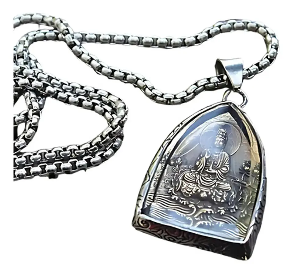 Collar Cúpula De Cristal Buda Suerte Acero Inoxidable Hombre 12