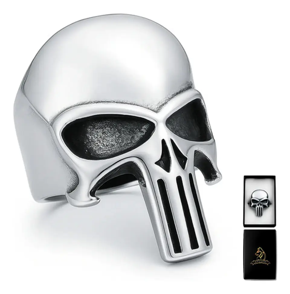 Anillo Hombre Forma De Cráneo Punisher De Acero Color Plata 1