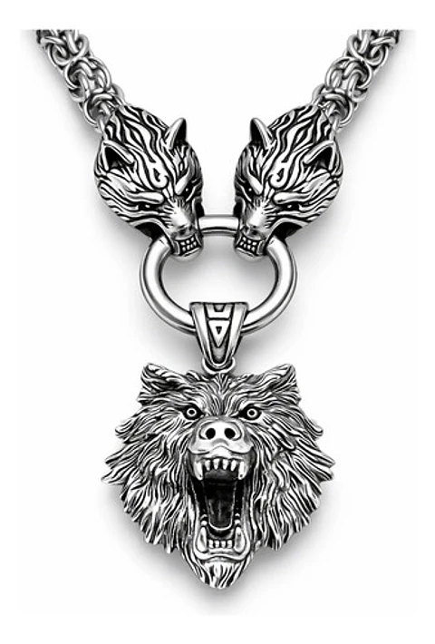Collar Vikingo Lobo Oso Color Plata Acero Inoxidable Hombre