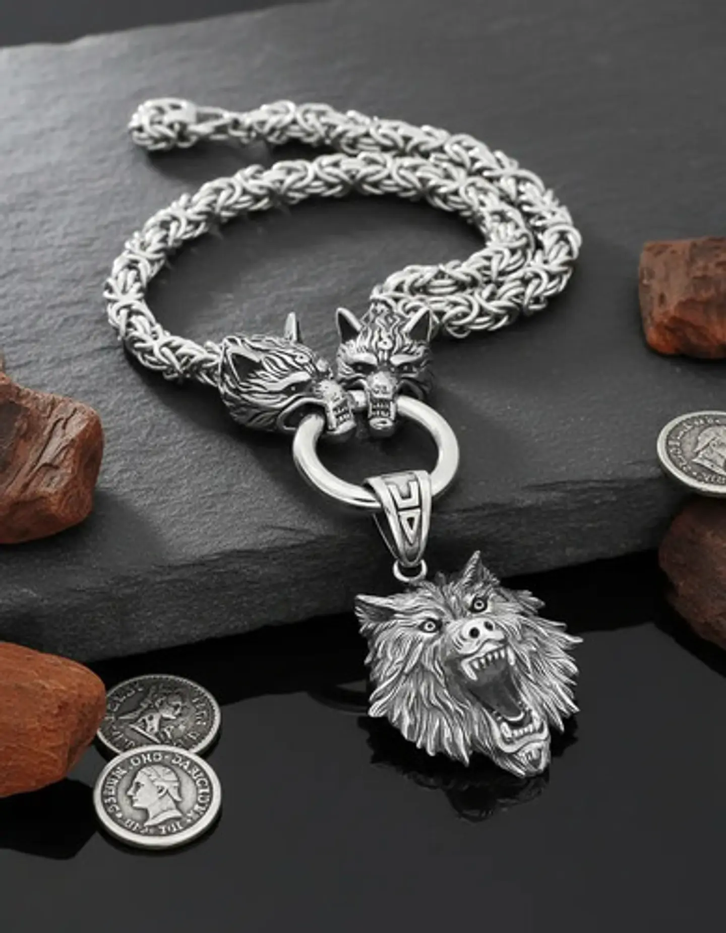 Collar Vikingo Lobo Oso Color Plata Acero Inoxidable Hombre 4