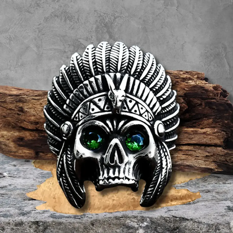 Collar Para Hombre Con Dije Jefe Indio Cráneo Punk De Acero 10