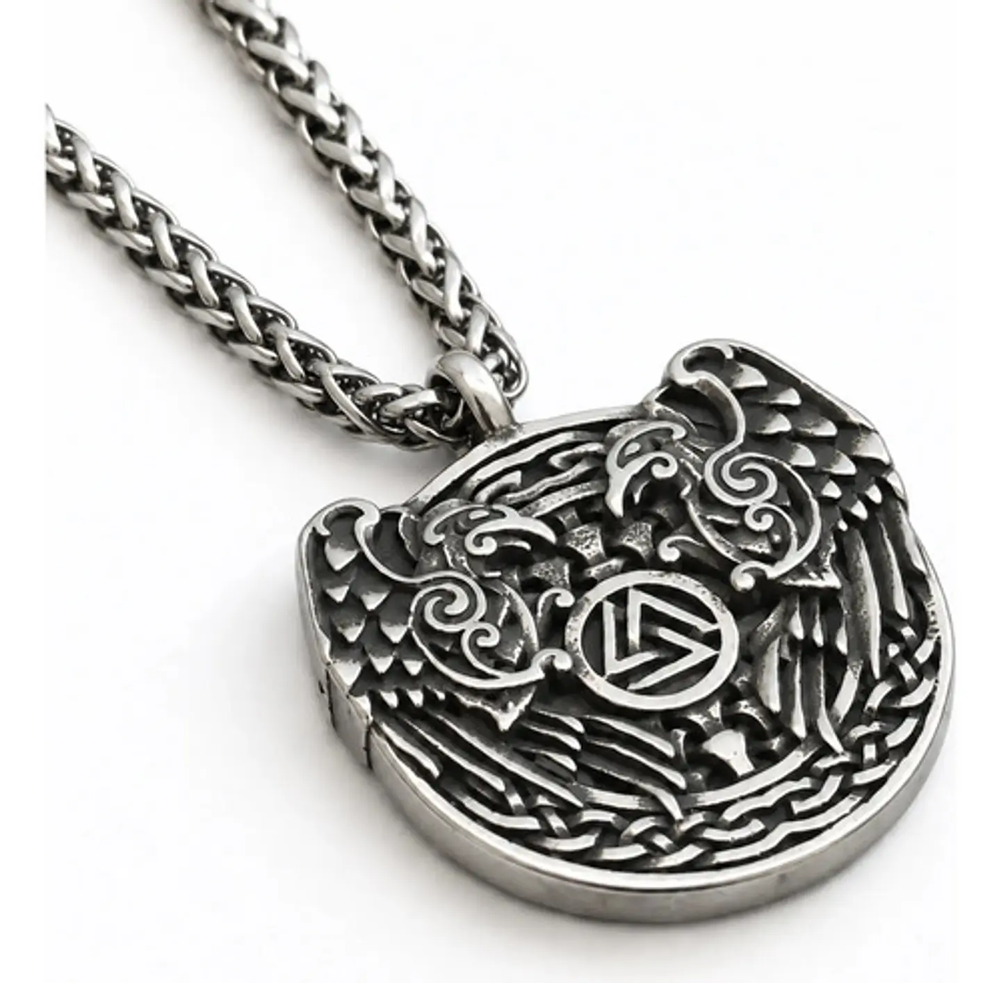 Collar Vikingo En Acero Para Hombre Dije Cuervo Odin Valknut 1