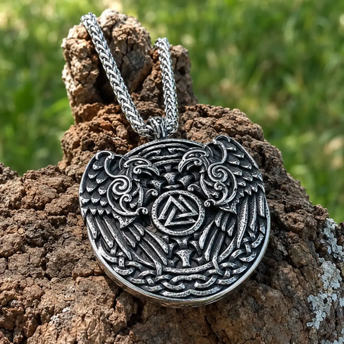Collar Vikingo En Acero Para Hombre Dije Cuervo Odin Valknut 2
