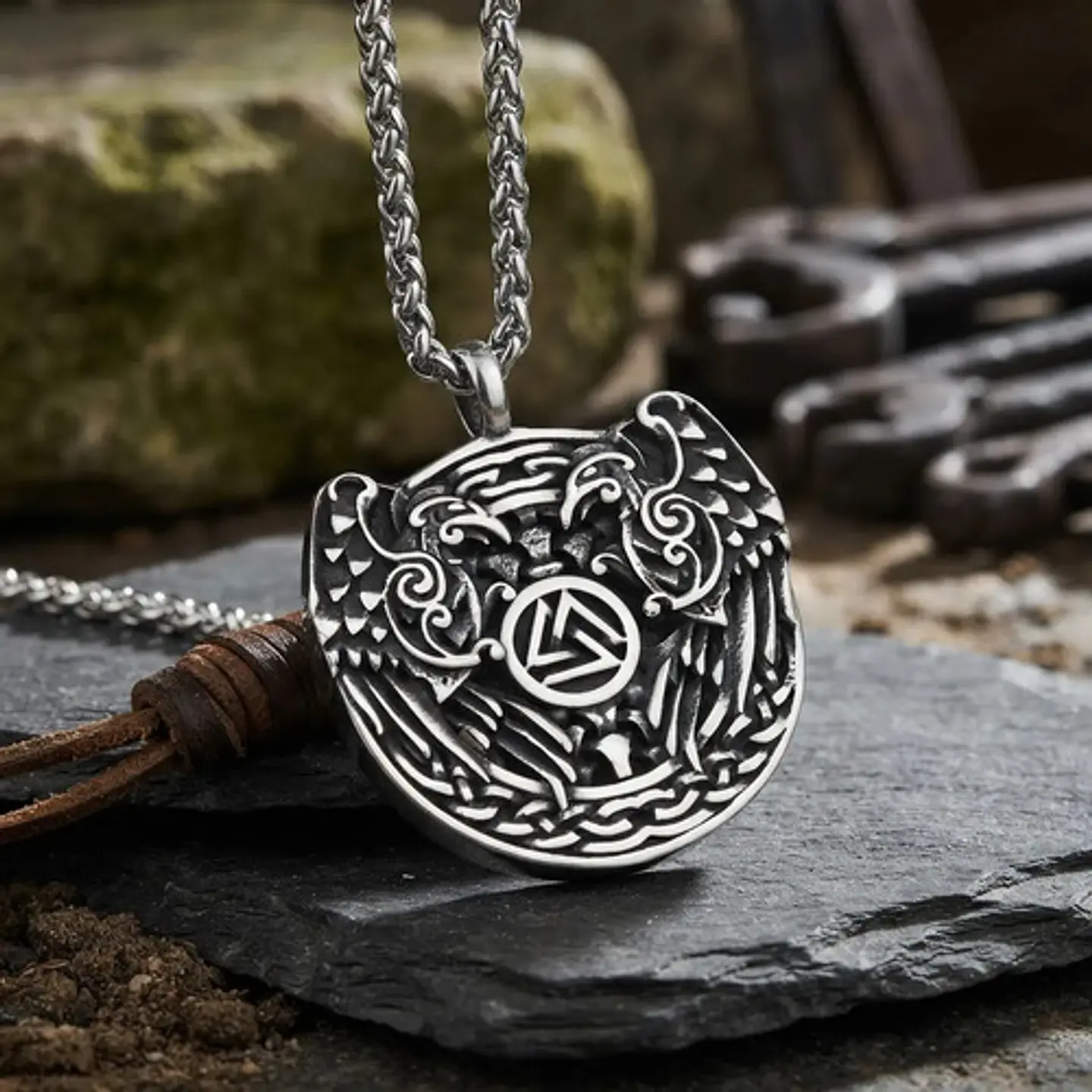 Collar Vikingo En Acero Para Hombre Dije Cuervo Odin Valknut 6