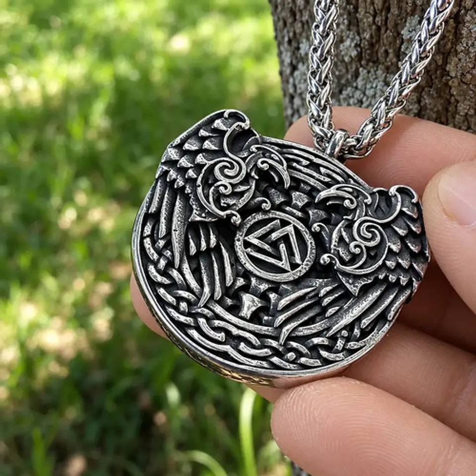 Collar Vikingo En Acero Para Hombre Dije Cuervo Odin Valknut 9