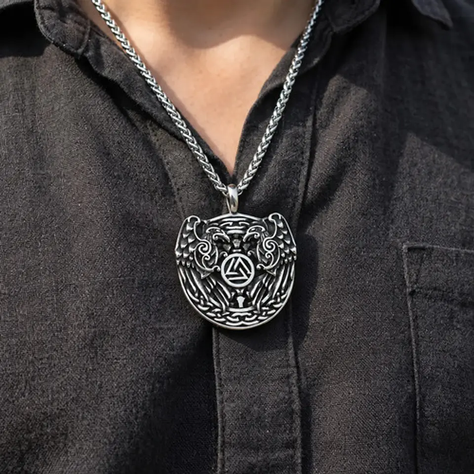 Collar Vikingo En Acero Para Hombre Dije Cuervo Odin Valknut 11