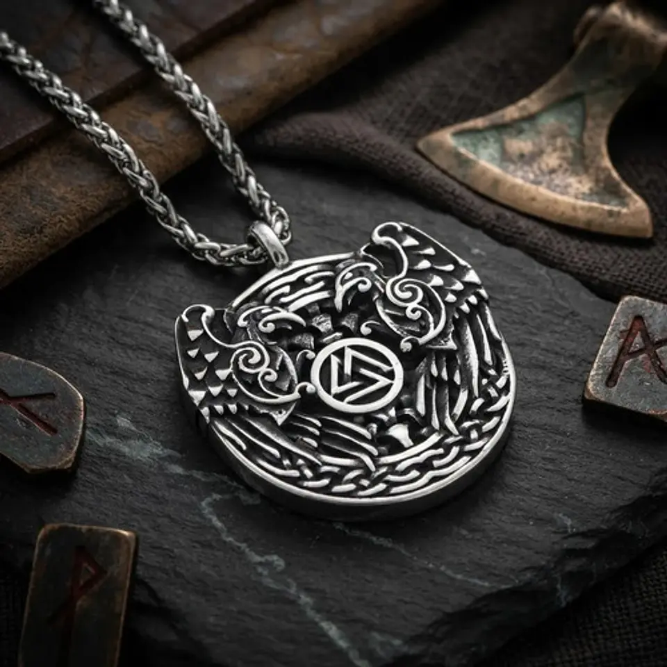 Collar Vikingo En Acero Para Hombre Dije Cuervo Odin Valknut 12