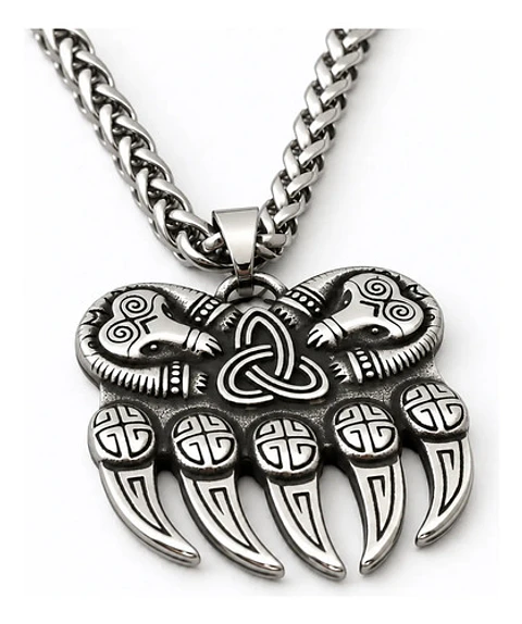 Collar Plateado Vikingo En Acero Para Hombre Dije Garra Oso