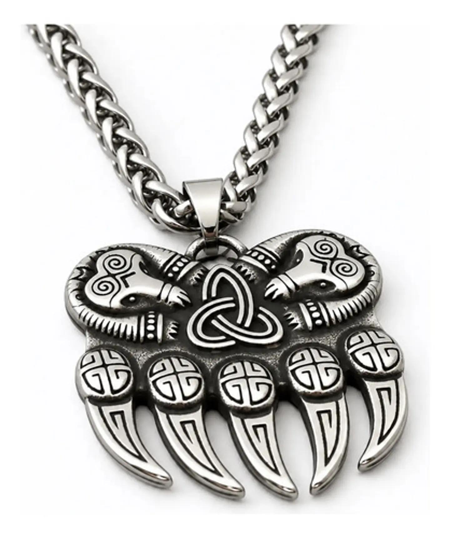 Collar Plateado Vikingo En Acero Para Hombre Dije Garra Oso 1