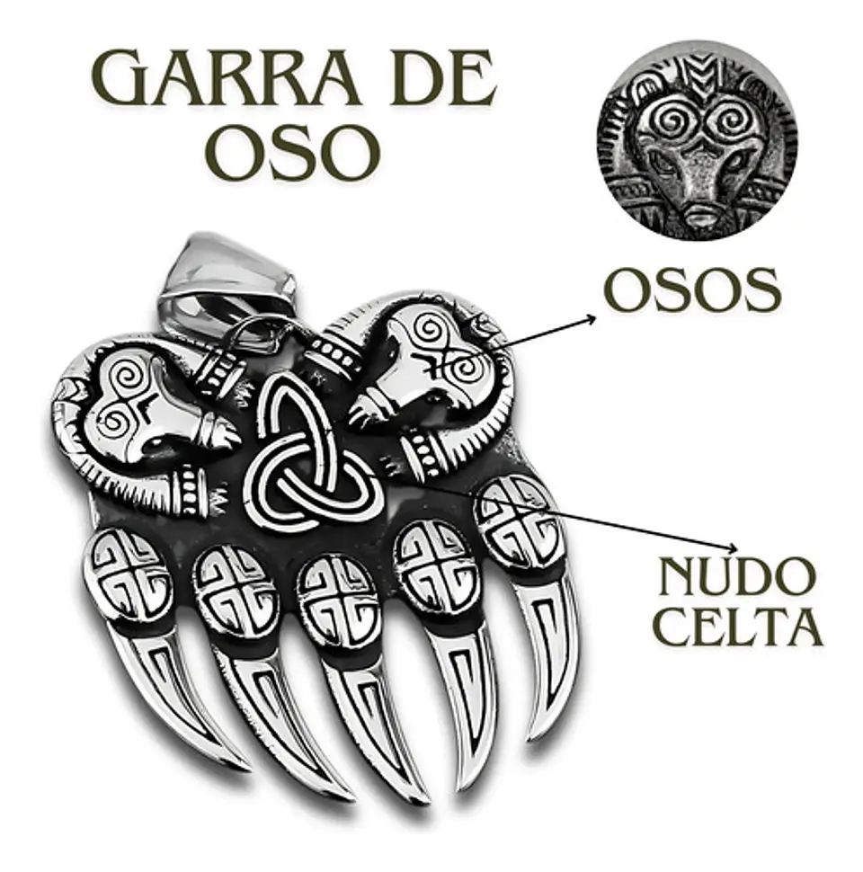 Collar Plateado Vikingo En Acero Para Hombre Dije Garra Oso 2