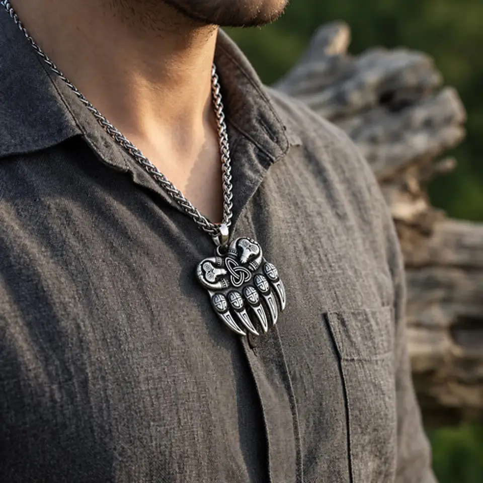 Collar Plateado Vikingo En Acero Para Hombre Dije Garra Oso 4