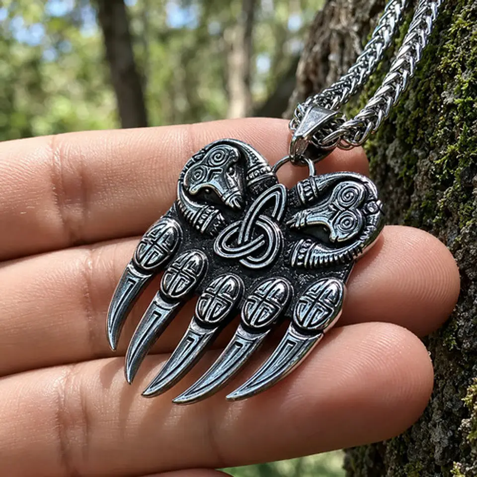 Collar Plateado Vikingo En Acero Para Hombre Dije Garra Oso 5