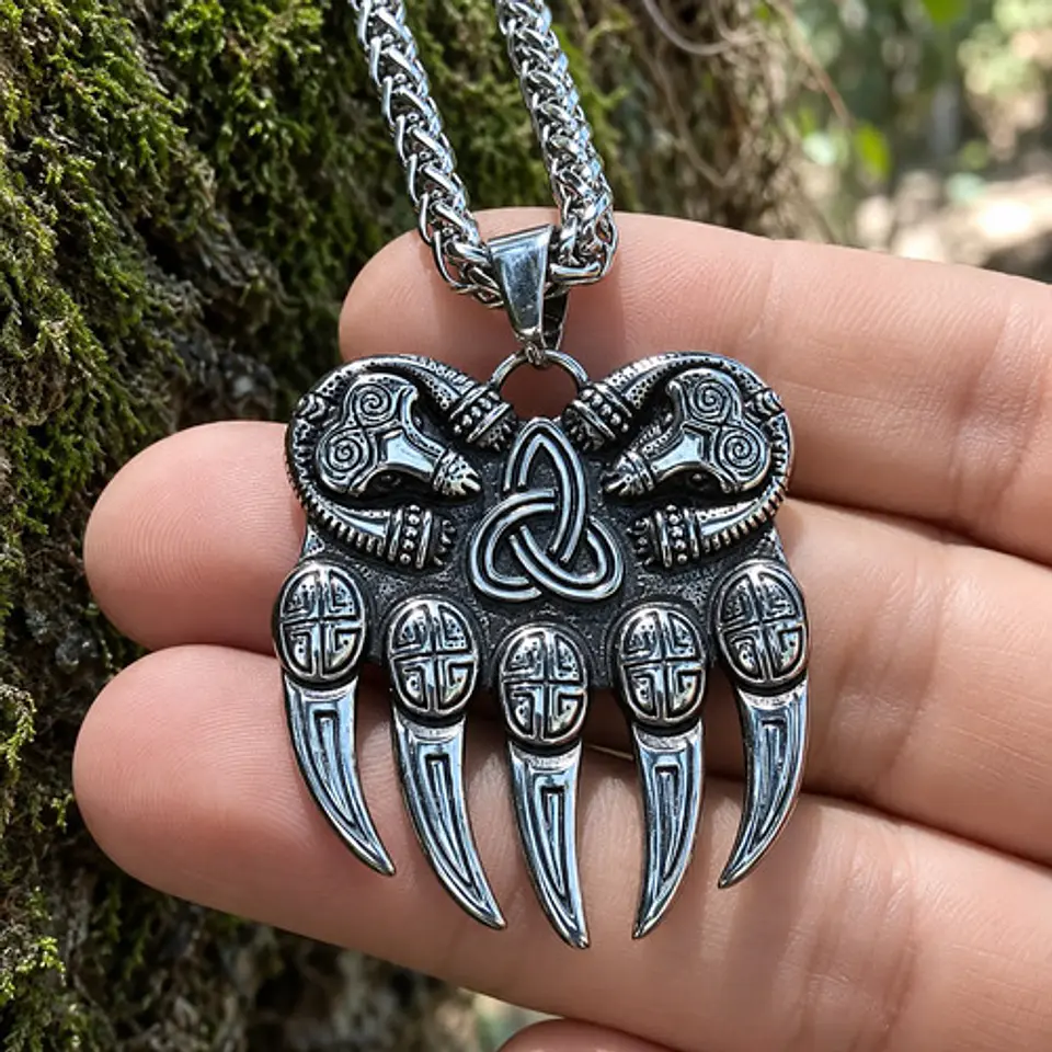Collar Plateado Vikingo En Acero Para Hombre Dije Garra Oso 6