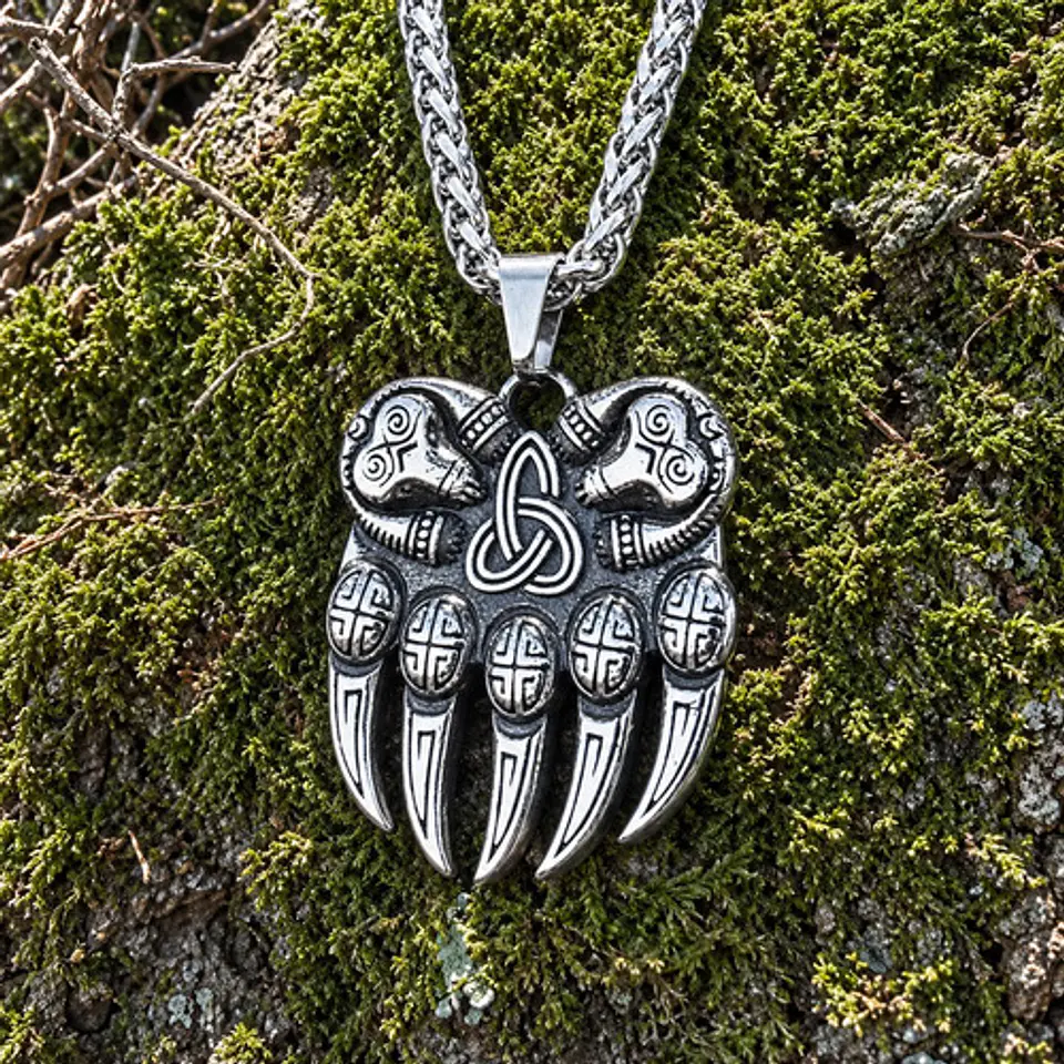 Collar Plateado Vikingo En Acero Para Hombre Dije Garra Oso 9