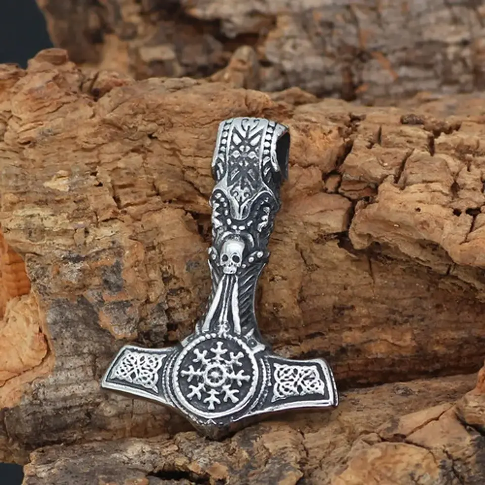 Collar Vikingo Martillo Color Plata Acero Inoxidable Hombre 5