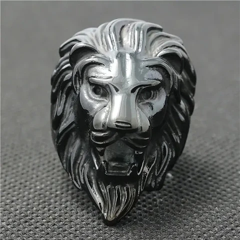 Anillo Rey Leon Cabeza Color Negro Acero Inoxidable Hombre
