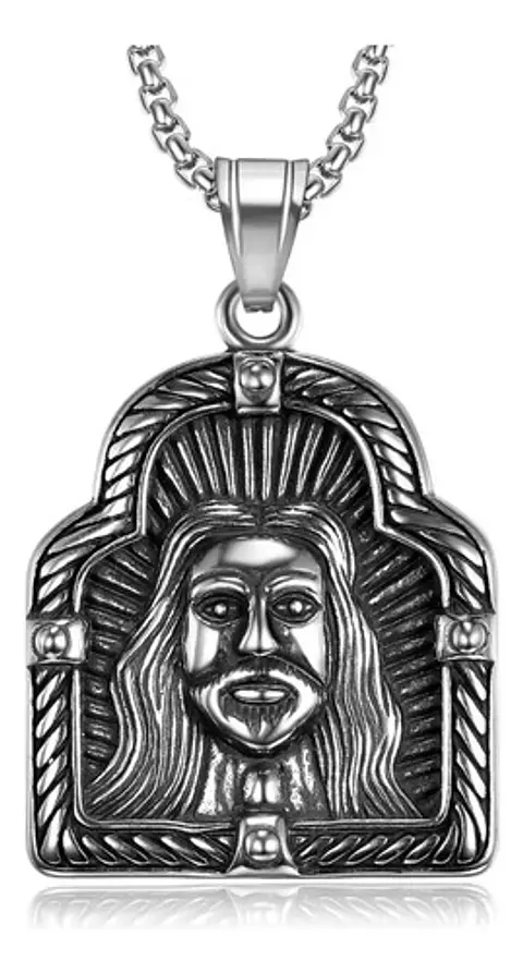 Collar Para Hombre Y Dije Rostro Jesus De Acero Color Plata