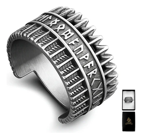 Anillo Para Hombres Vikingo Amuleto Runas Futhark De Acero
