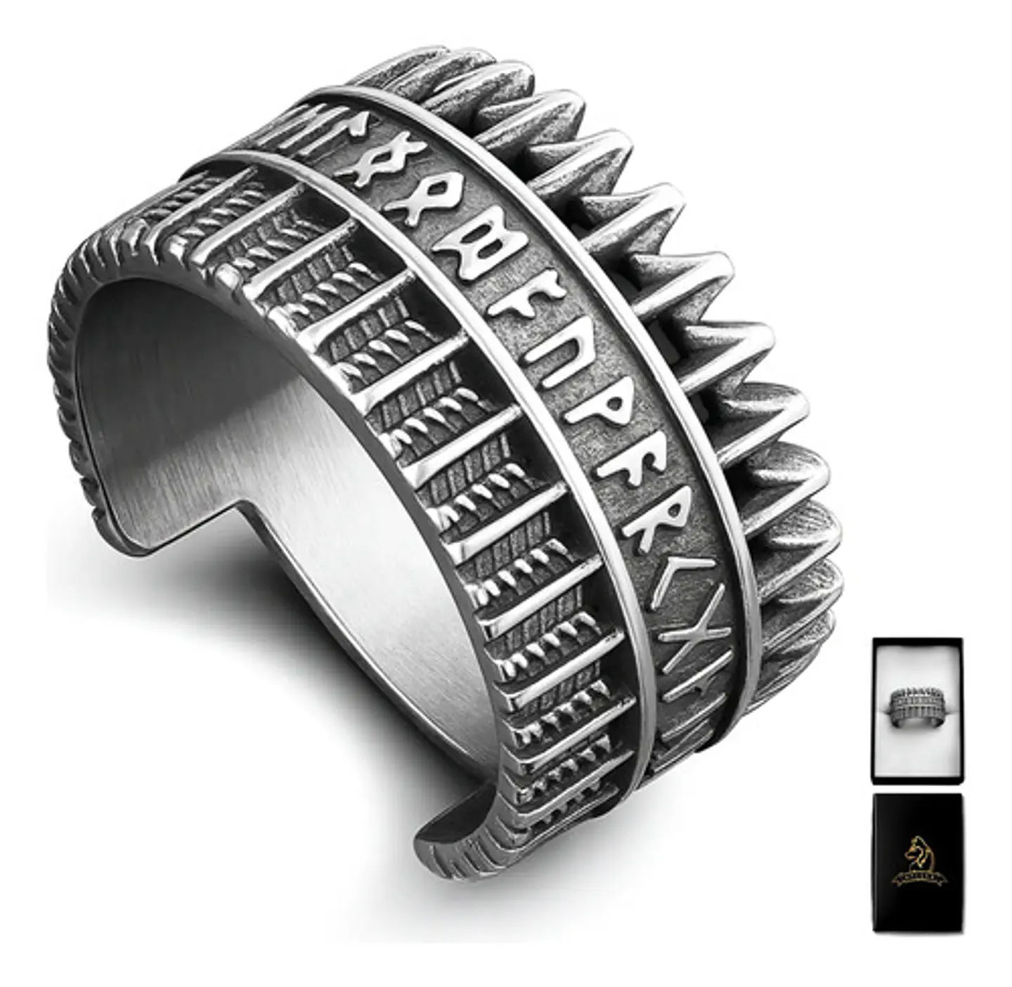 Anillo Para Hombres Vikingo Amuleto Runas Futhark De Acero 1
