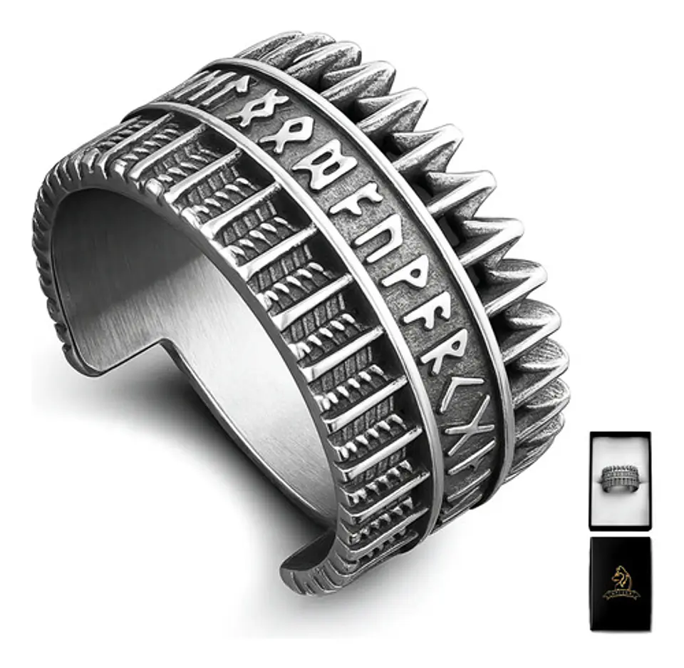 Anillo Para Hombres Vikingo Amuleto Runas Futhark De Acero 1