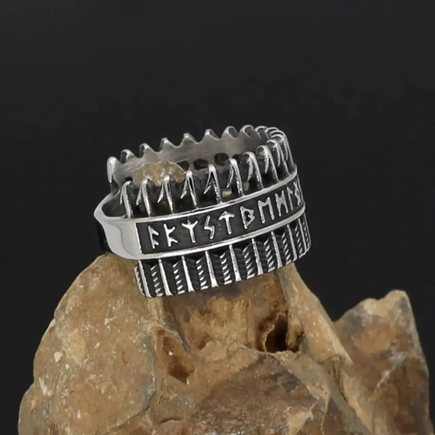 Anillo Para Hombres Vikingo Amuleto Runas Futhark De Acero 6
