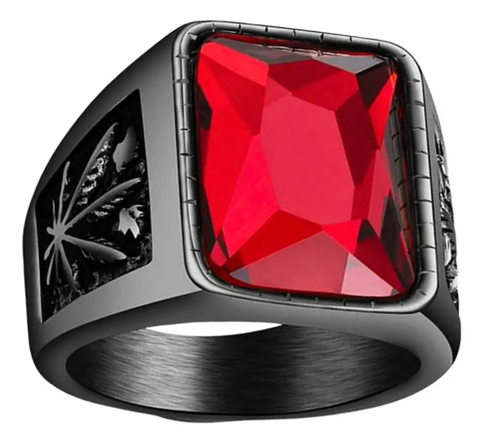 Anillo Piedra Hoja Arce Color Negro Acero Inoxidable Hombre 1