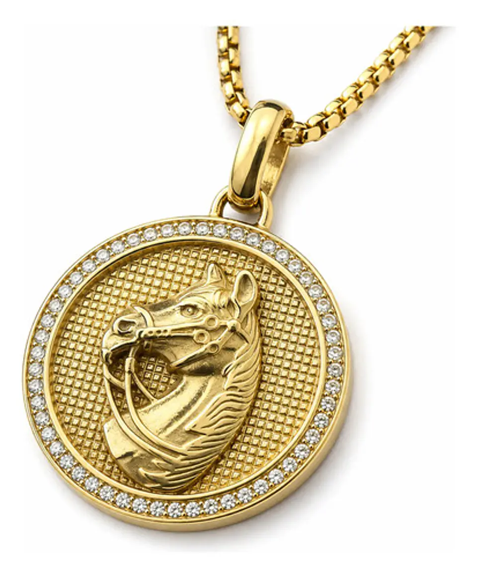 Collar En Acero Dorado Para Hombres Dije Caballo Piedras 1