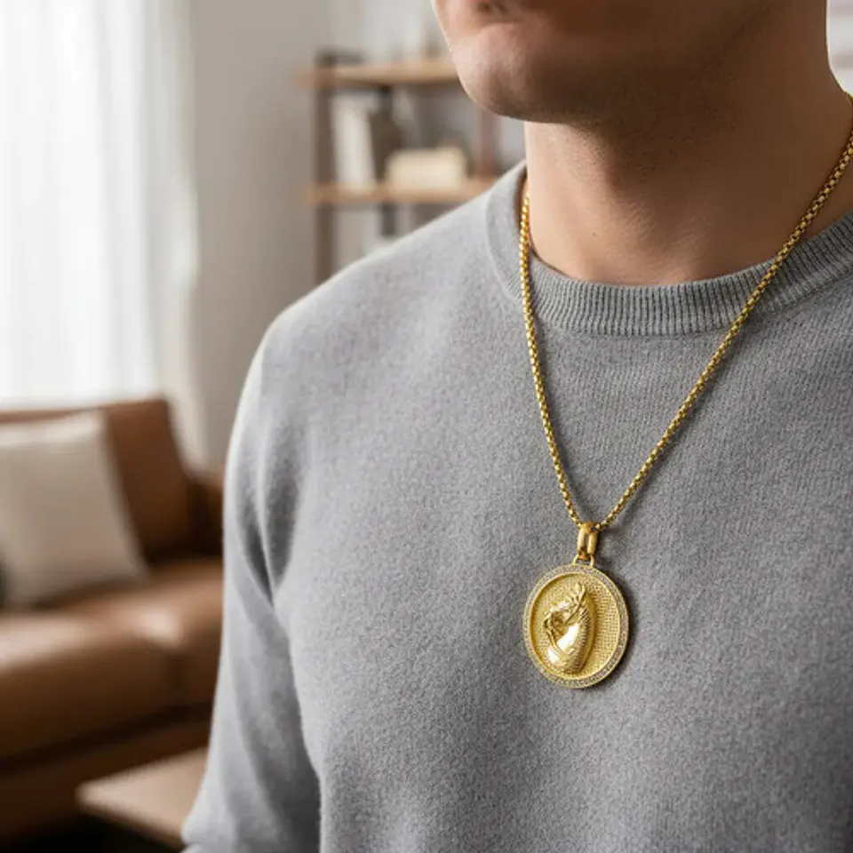 Collar En Acero Dorado Para Hombres Dije Caballo Piedras 5