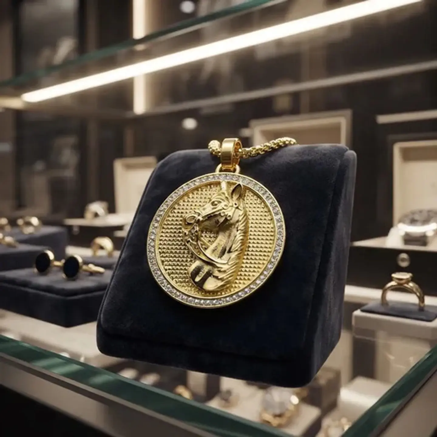Collar En Acero Dorado Para Hombres Dije Caballo Piedras 7