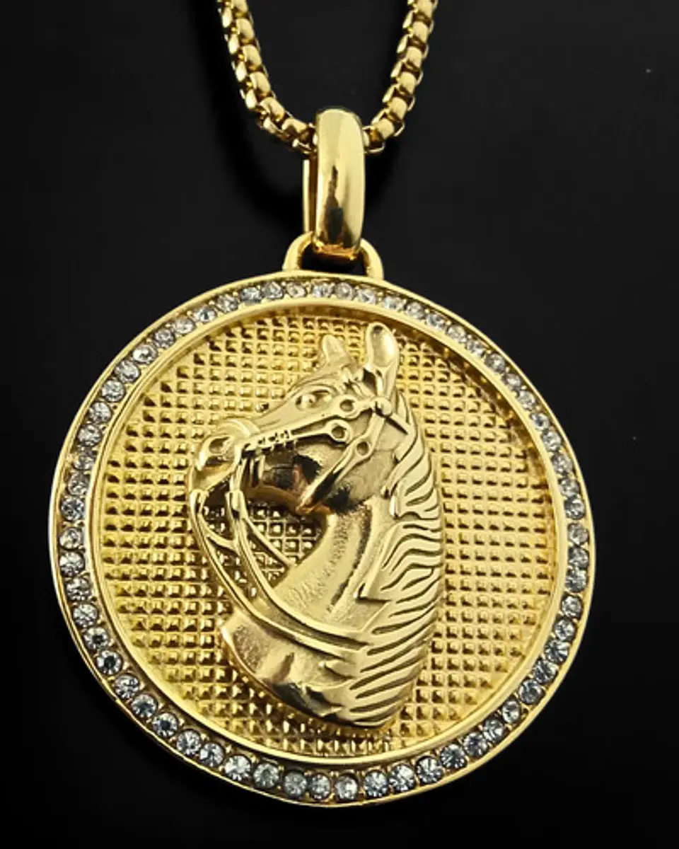 Collar En Acero Dorado Para Hombres Dije Caballo Piedras 8